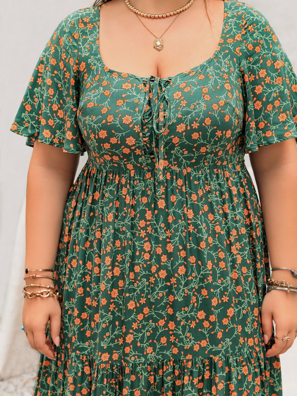 Plus Size Printed Short Sleeve Tiered Maxi Dress.