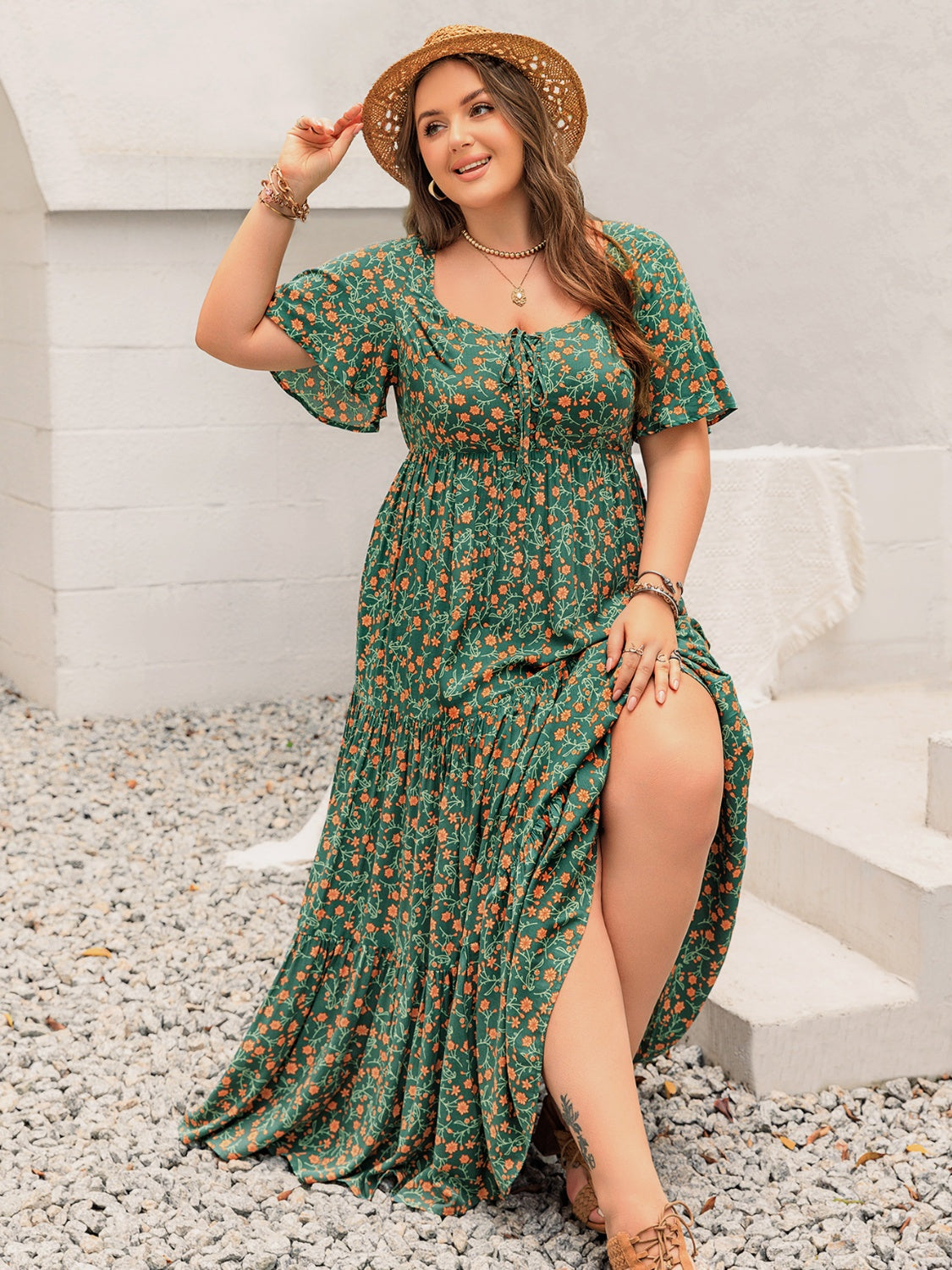 Plus Size Printed Short Sleeve Tiered Maxi Dress.