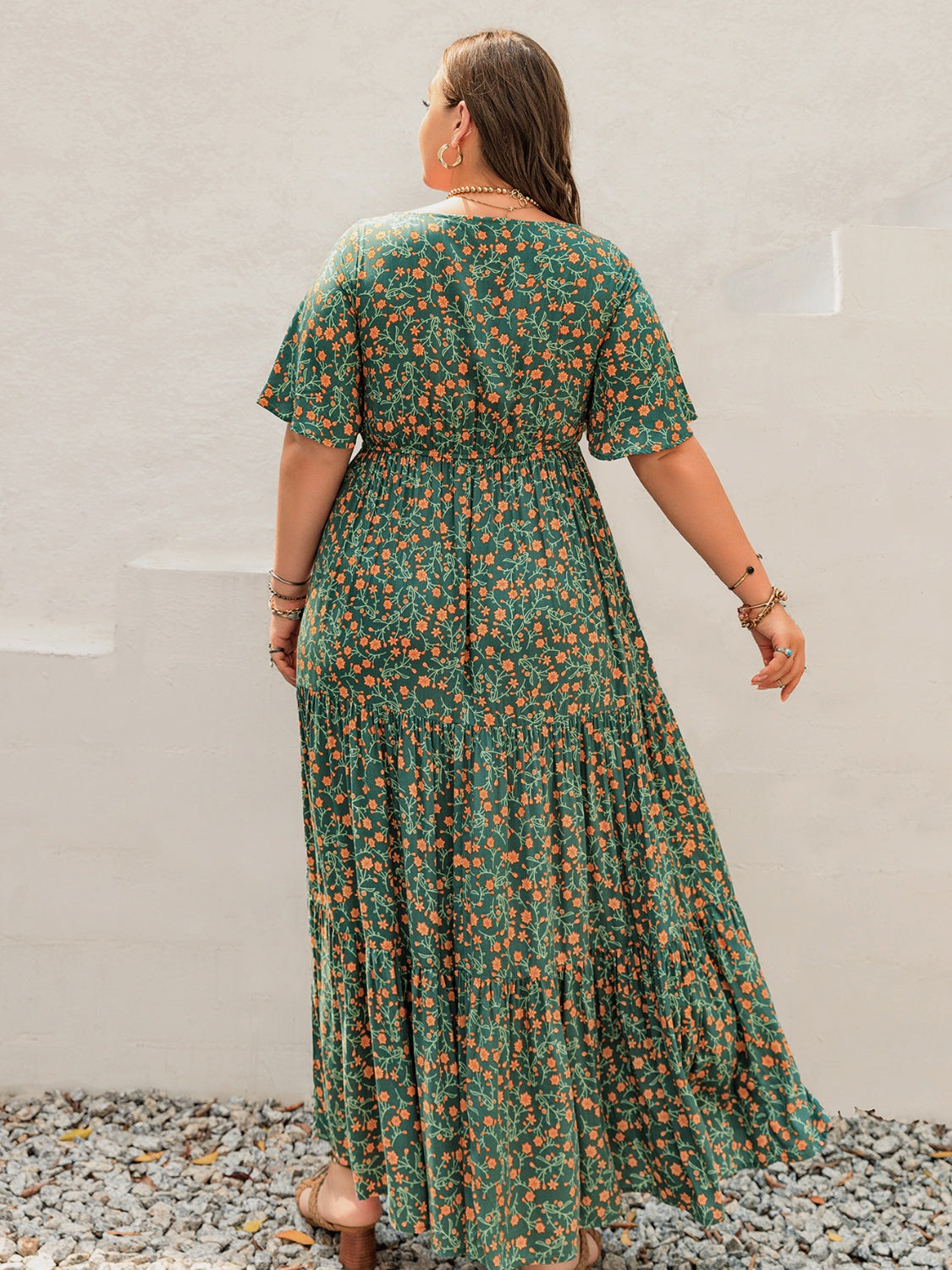 Plus Size Printed Short Sleeve Tiered Maxi Dress.