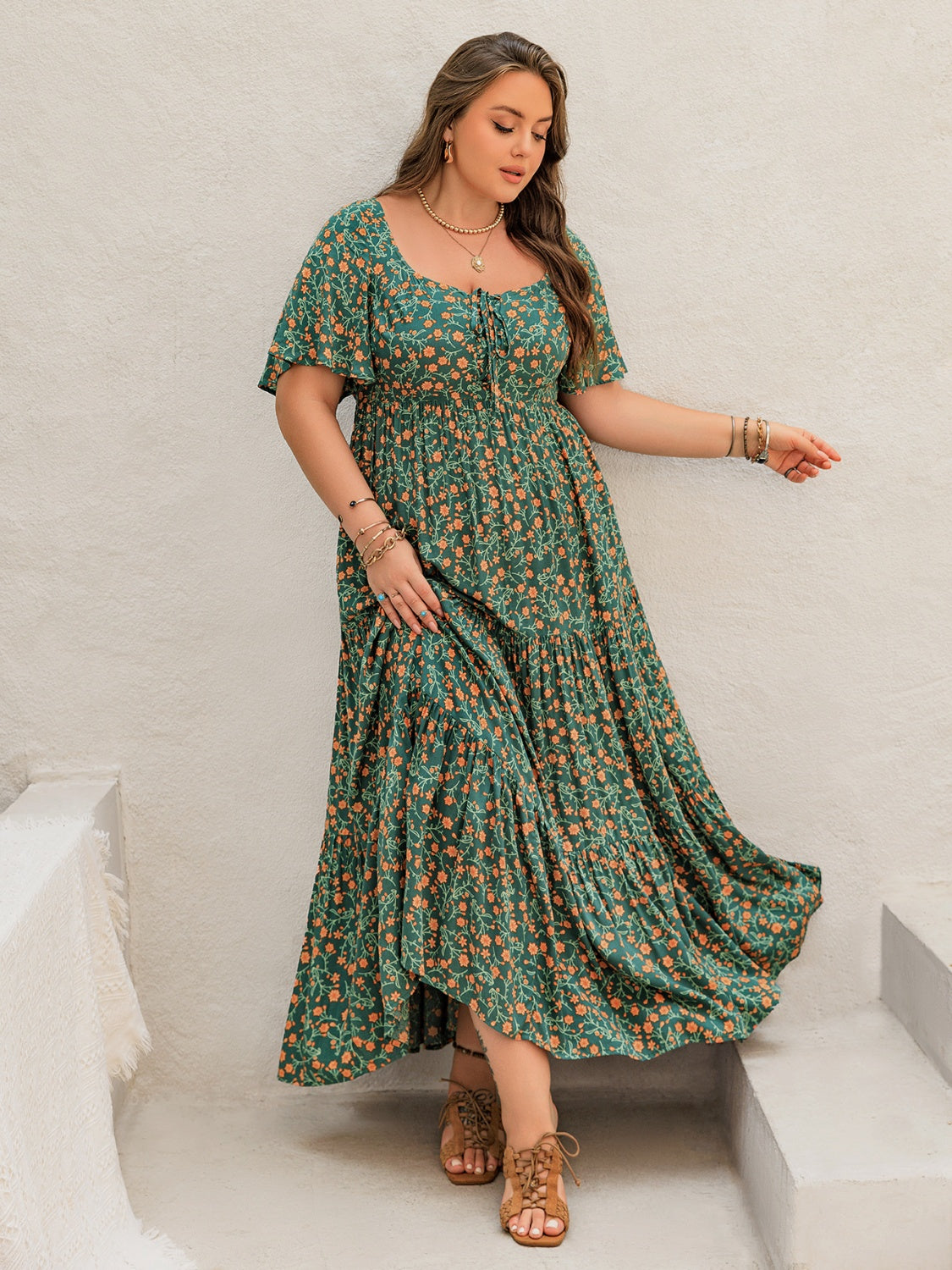 Plus Size Printed Short Sleeve Tiered Maxi Dress.