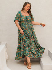 Plus Size Printed Short Sleeve Tiered Maxi Dress.