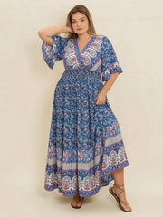 Plus Size Printed Surplice Half Sleeve Dress.