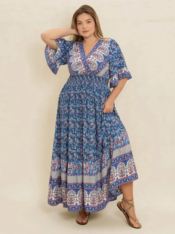 Plus Size Printed Surplice Half Sleeve Dress.