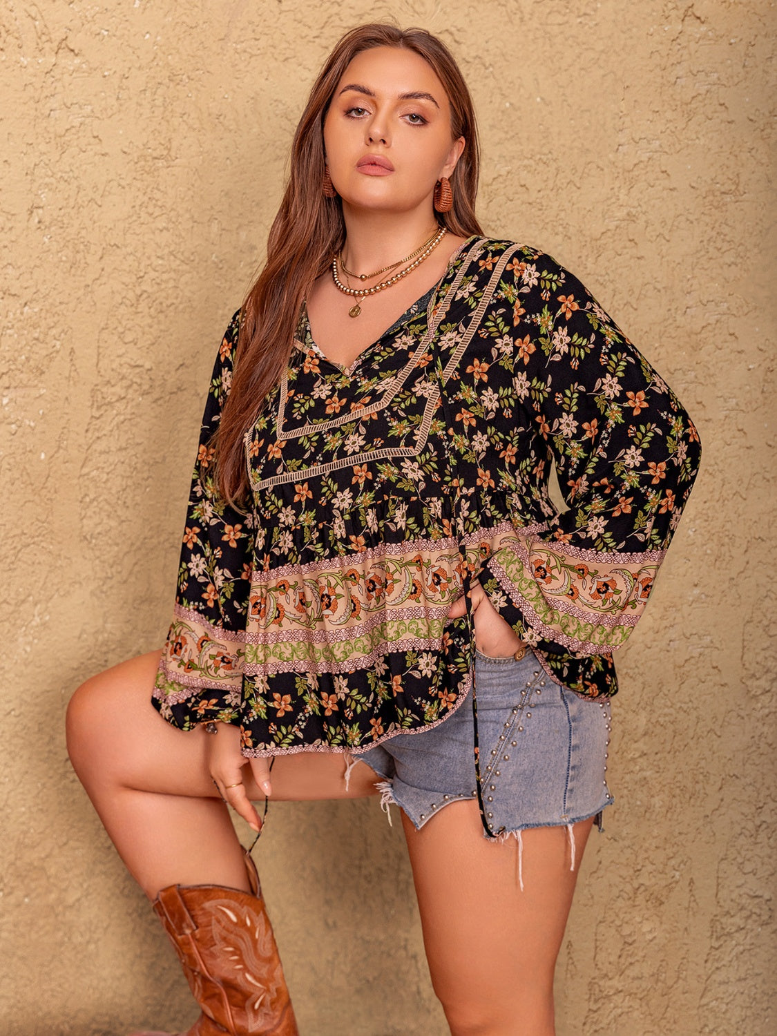 Plus Size Printed Tie Neck Balloon Sleeve Blouse with Buttoned and Ruched.