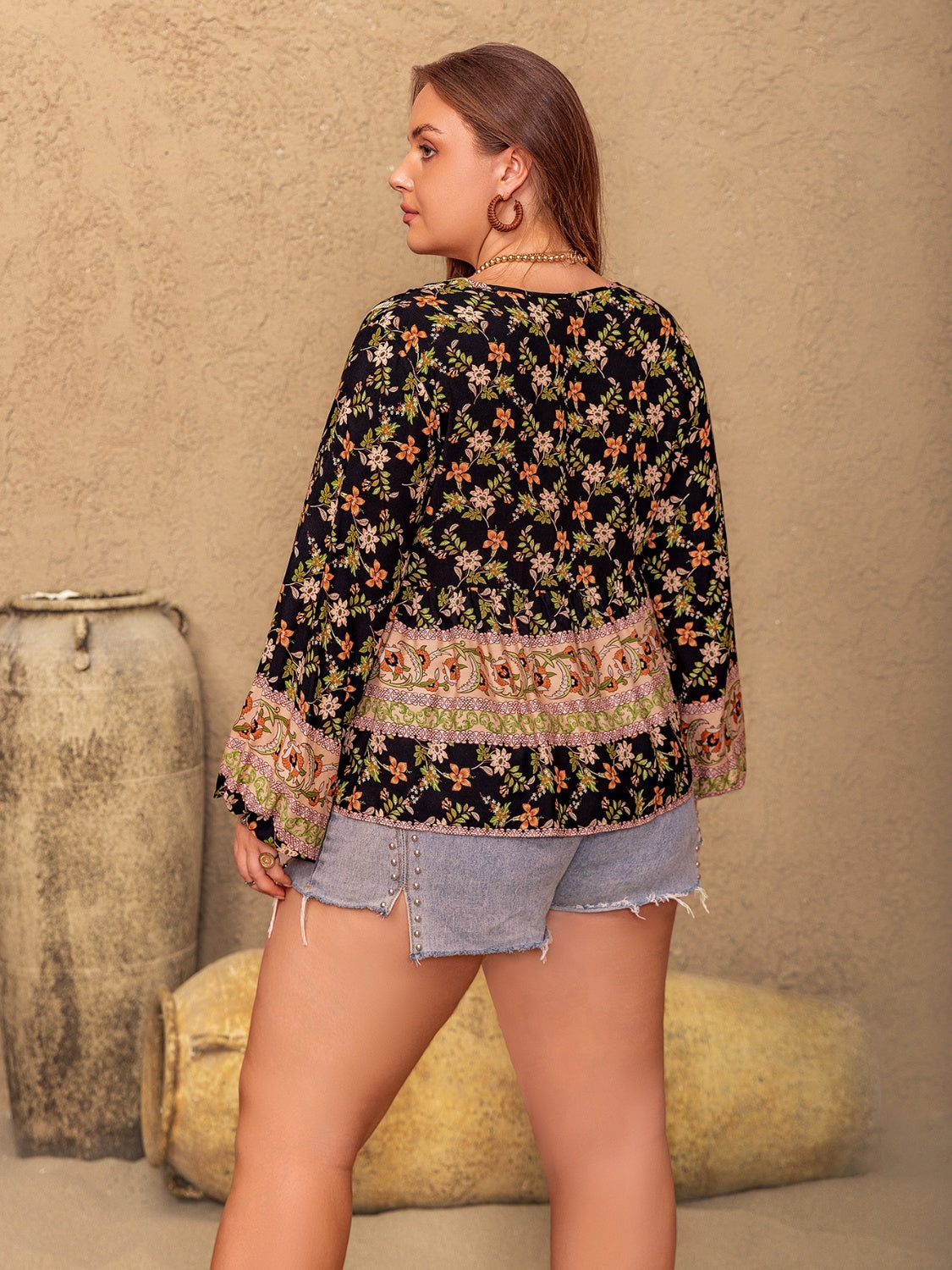 Plus Size Printed Tie Neck Balloon Sleeve Blouse with Buttoned and Ruched.