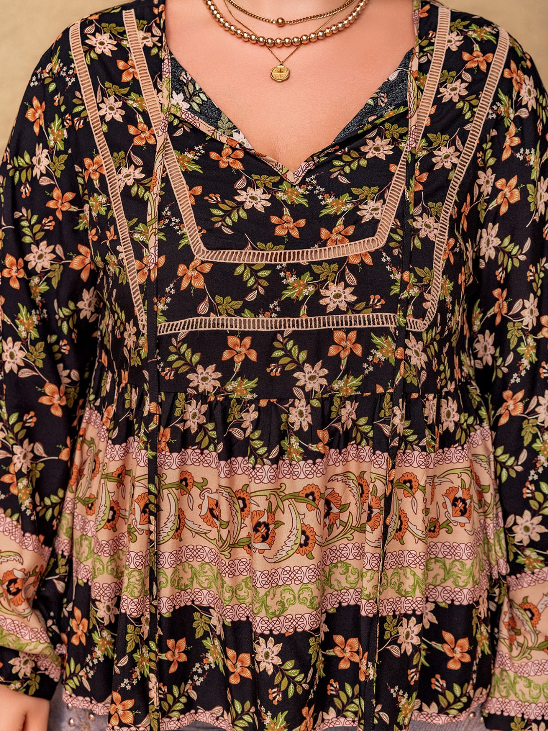 Plus Size Printed Tie Neck Balloon Sleeve Blouse with Buttoned and Ruched.