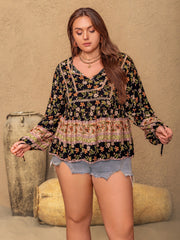 Plus Size Printed Tie Neck Balloon Sleeve Blouse with Buttoned and Ruched.