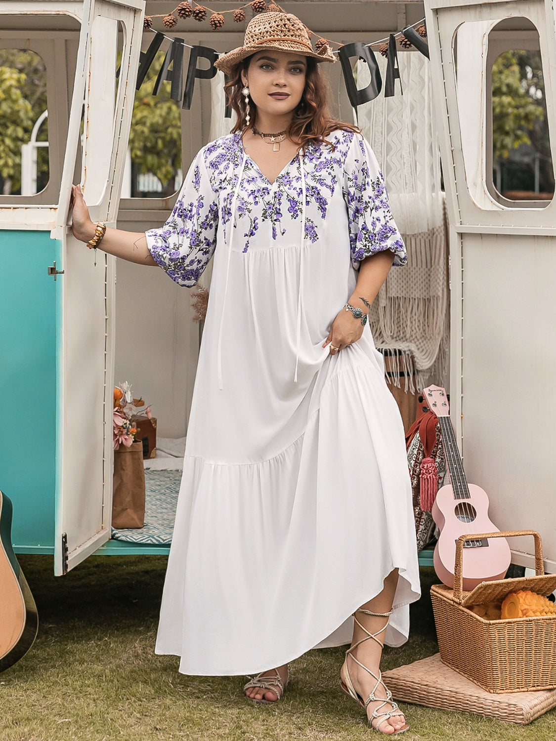 Plus Size Printed Tie Neck Half Sleeve Maxi Dress.