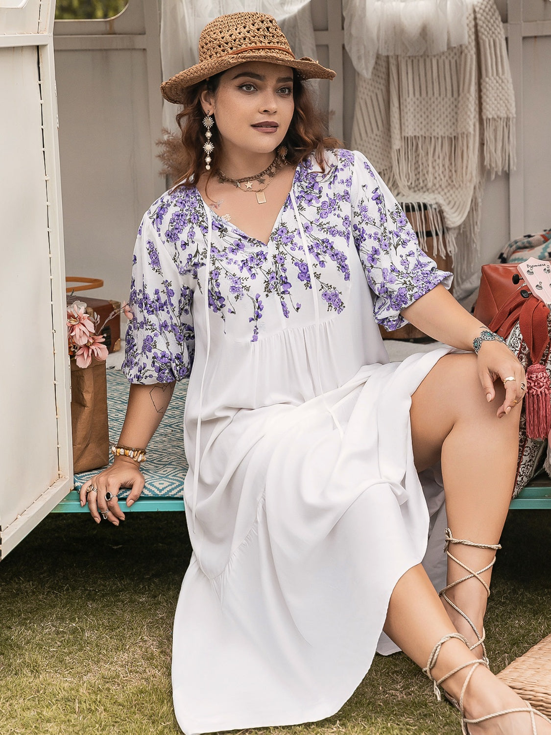 Plus Size Printed Tie Neck Half Sleeve Maxi Dress.