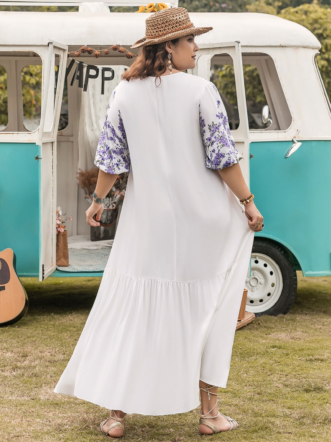 Plus Size Printed Tie Neck Half Sleeve Maxi Dress.