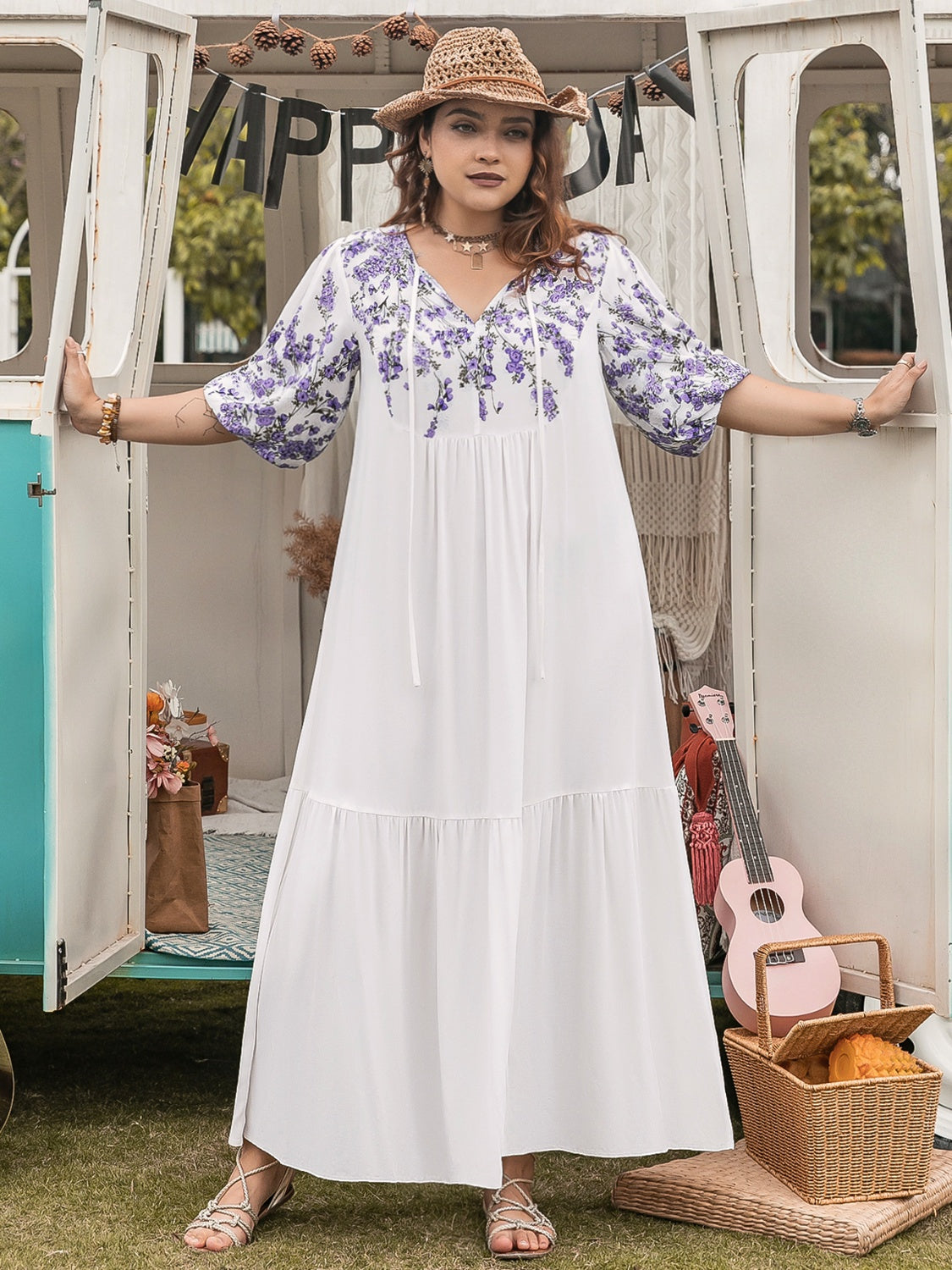 Plus Size Printed Tie Neck Half Sleeve Maxi Dress.
