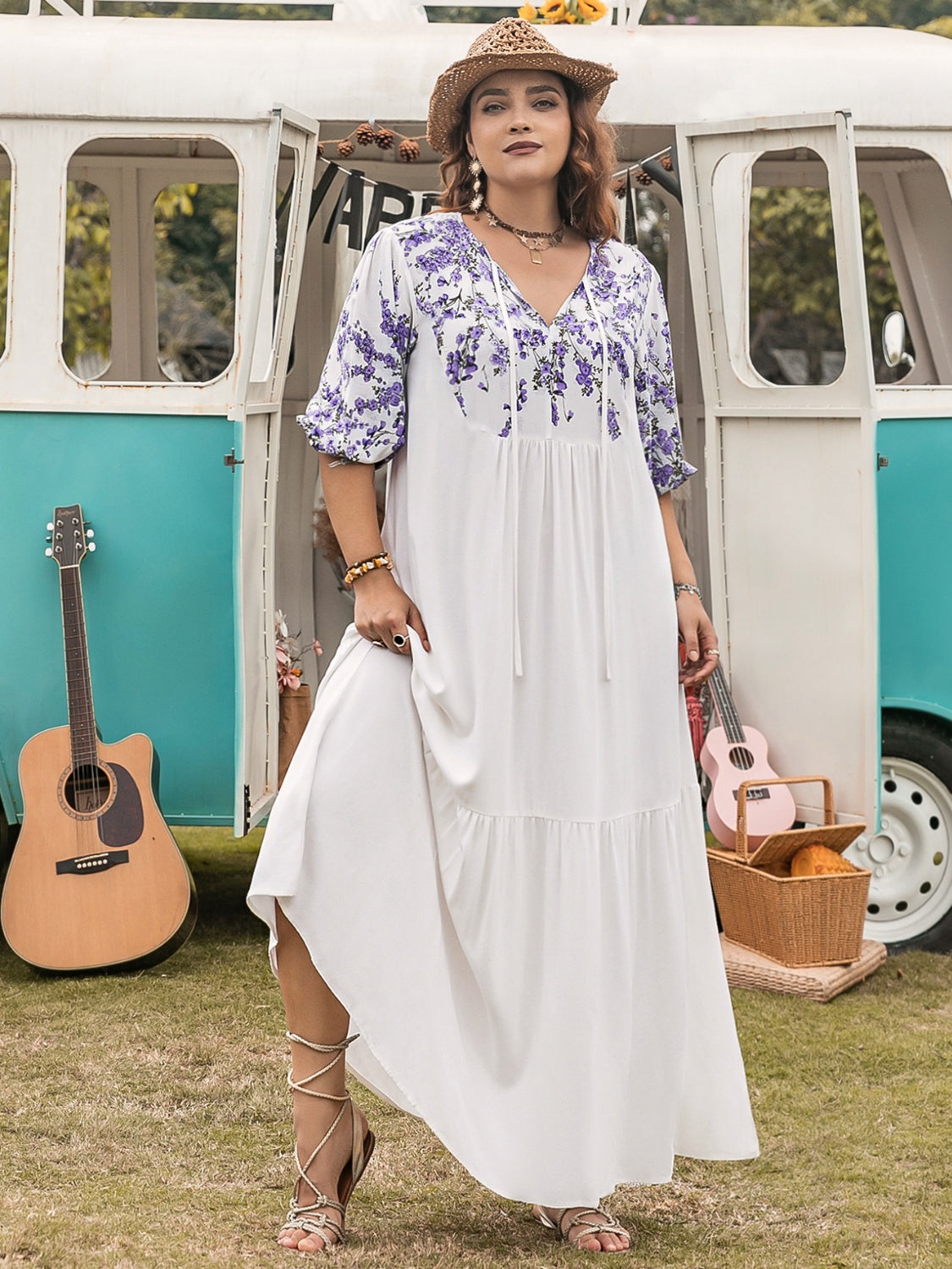 Plus Size Printed Tie Neck Half Sleeve Maxi Dress.