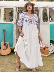 Plus Size Printed Tie Neck Half Sleeve Maxi Dress.