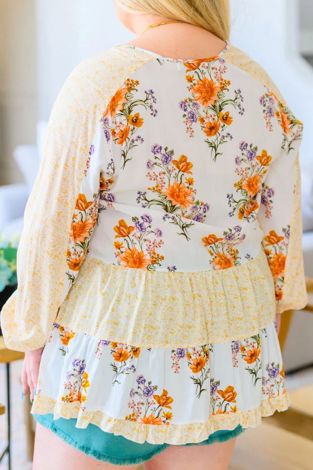 Plus Size Printed Tie Neck Long Sleeve Blouse with Tied.