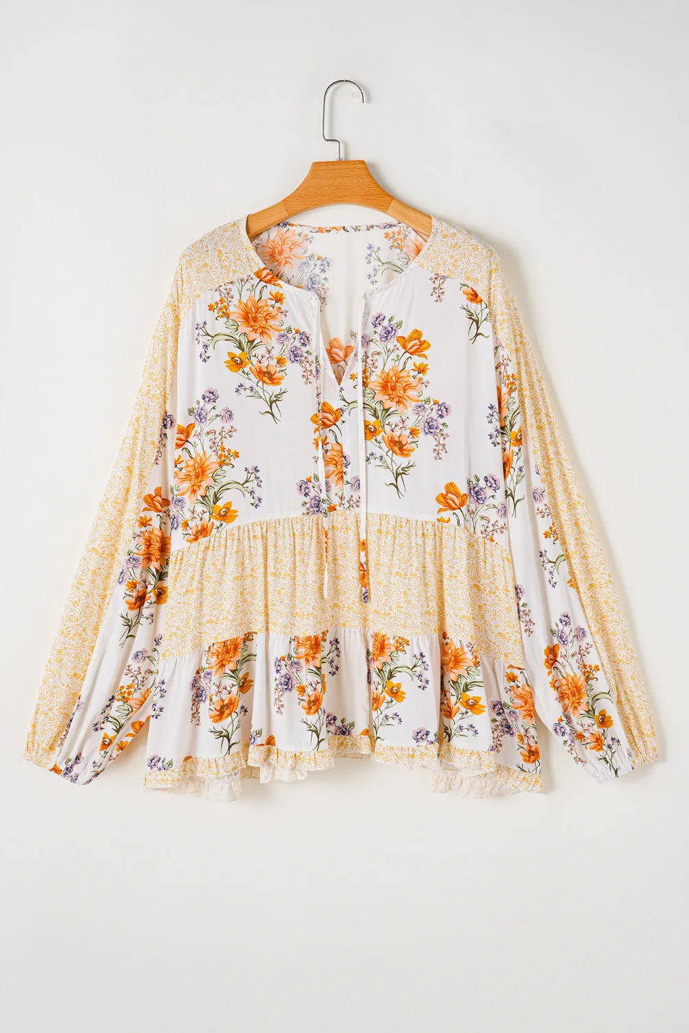 Plus Size Printed Tie Neck Long Sleeve Blouse with Tied.