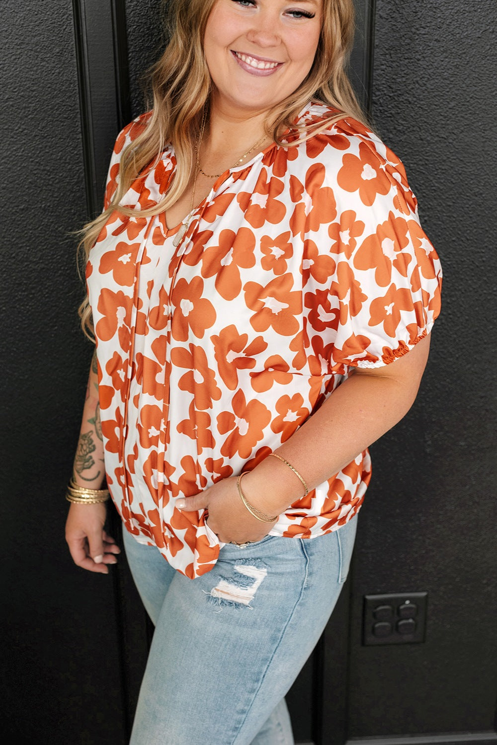 Plus Size Printed Tie Neck Short Sleeve Blouse with Tied.