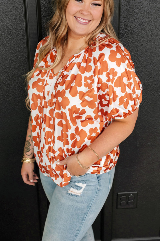 Plus Size Printed Tie Neck Short Sleeve Blouse with Tied.