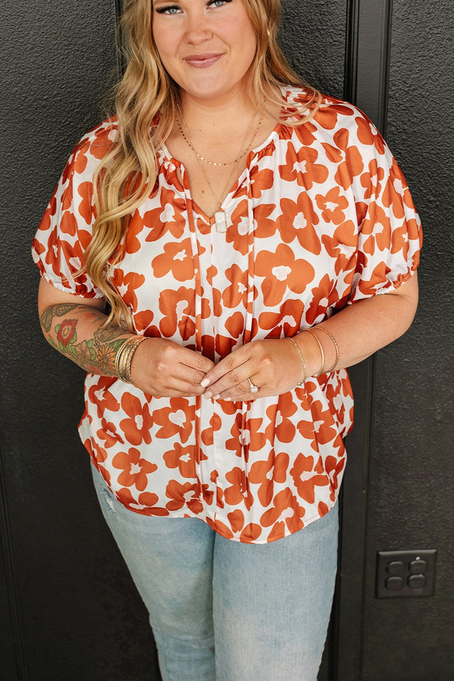 Plus Size Printed Tie Neck Short Sleeve Blouse with Tied.