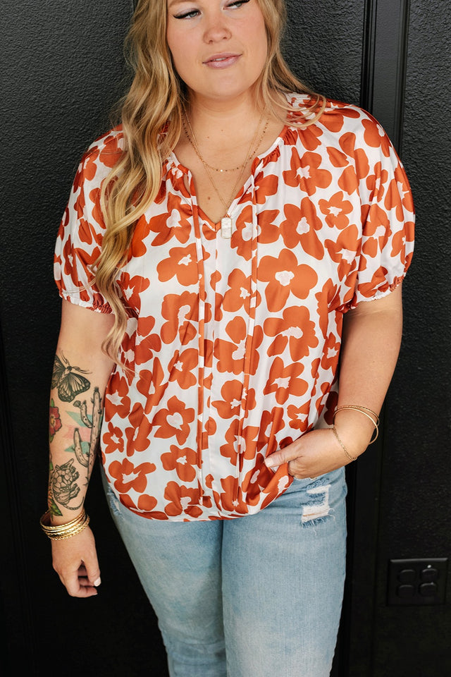 Plus Size Printed Tie Neck Short Sleeve Blouse with Tied.