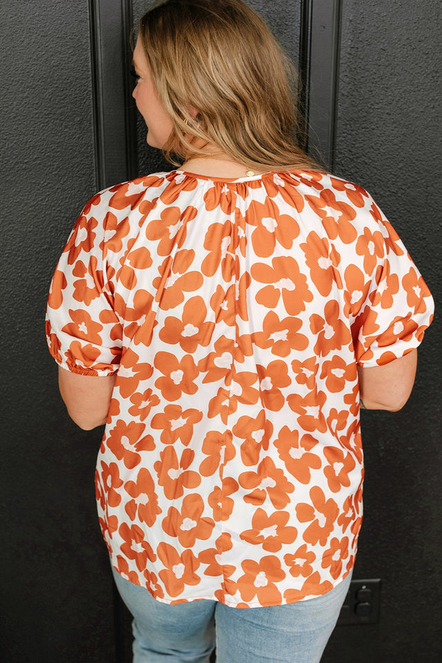 Plus Size Printed Tie Neck Short Sleeve Blouse with Tied.