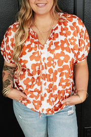 Plus Size Printed Tie Neck Short Sleeve Blouse with Tied.