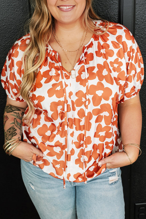 Plus Size Printed Tie Neck Short Sleeve Blouse with Tied.
