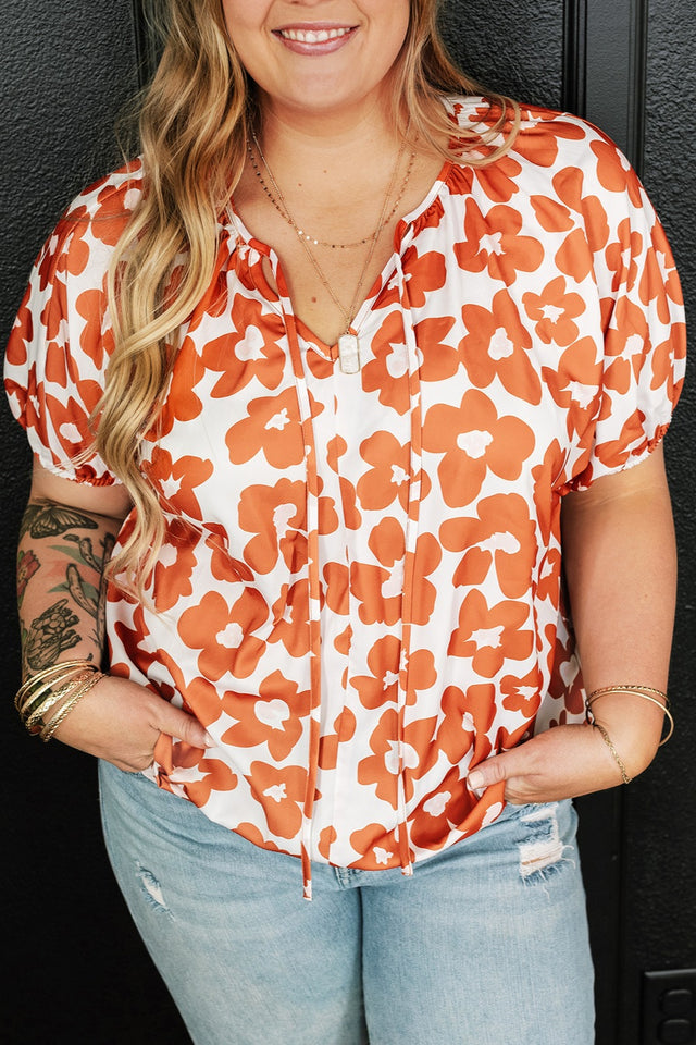 Plus Size Printed Tie Neck Short Sleeve Blouse with Tied.