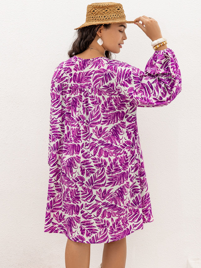 Plus Size Printed V-Neck Balloon Sleeve Mini Dress.