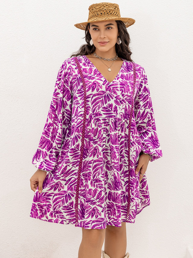 Plus Size Printed V-Neck Balloon Sleeve Mini Dress.