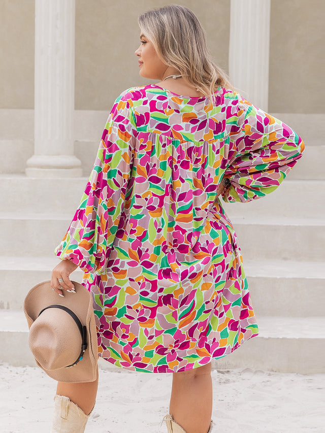 Plus Size Printed V-Neck Balloon Sleeve Mini Dress.