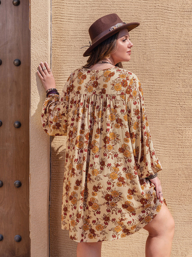 Plus Size Printed V-Neck Balloon Sleeve Mini Dress.