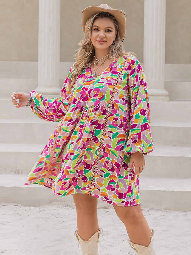 Plus Size Printed V-Neck Balloon Sleeve Mini Dress.