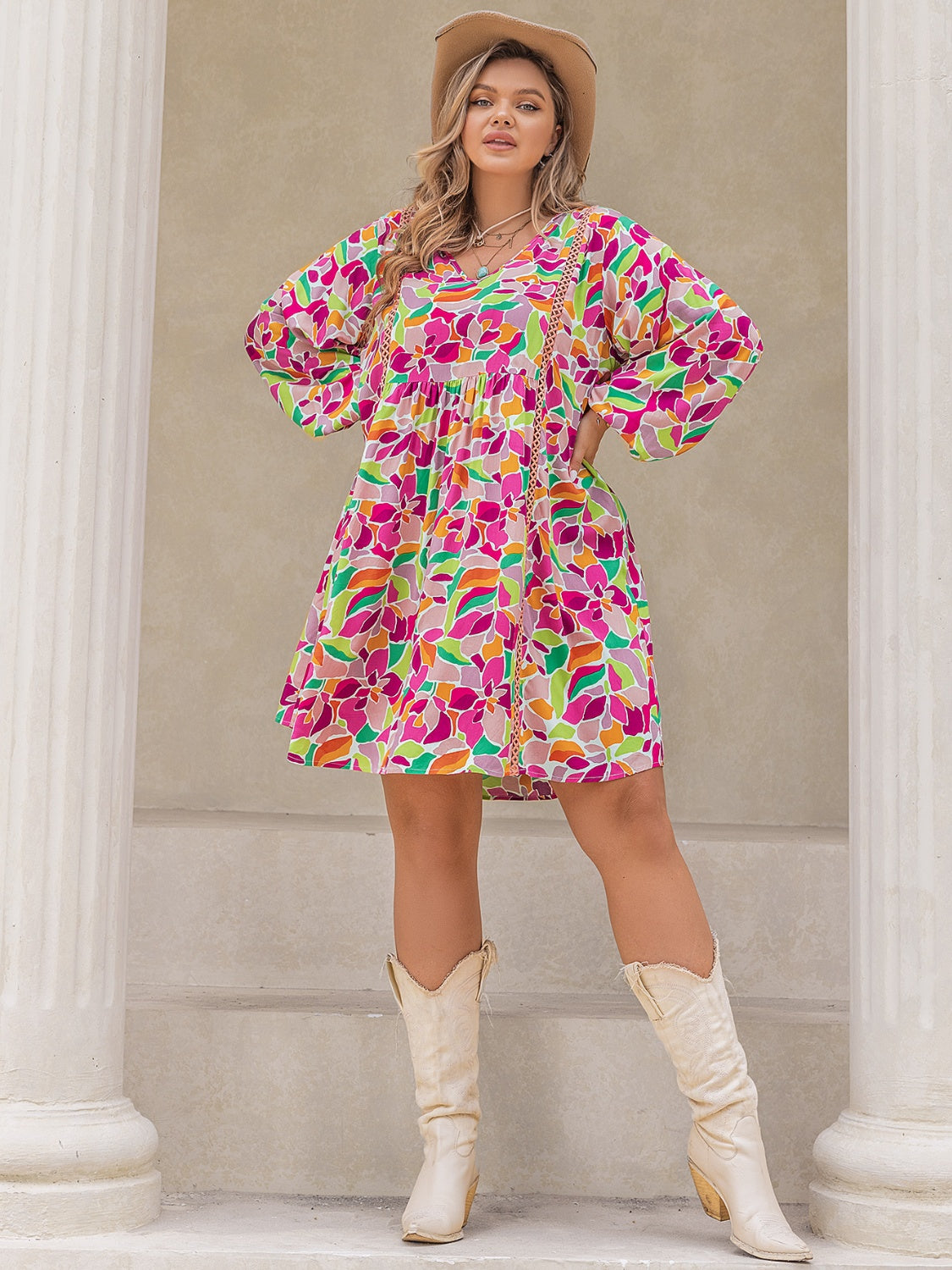 Plus Size Printed V-Neck Balloon Sleeve Mini Dress.