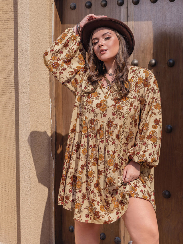 Plus Size Printed V-Neck Balloon Sleeve Mini Dress.