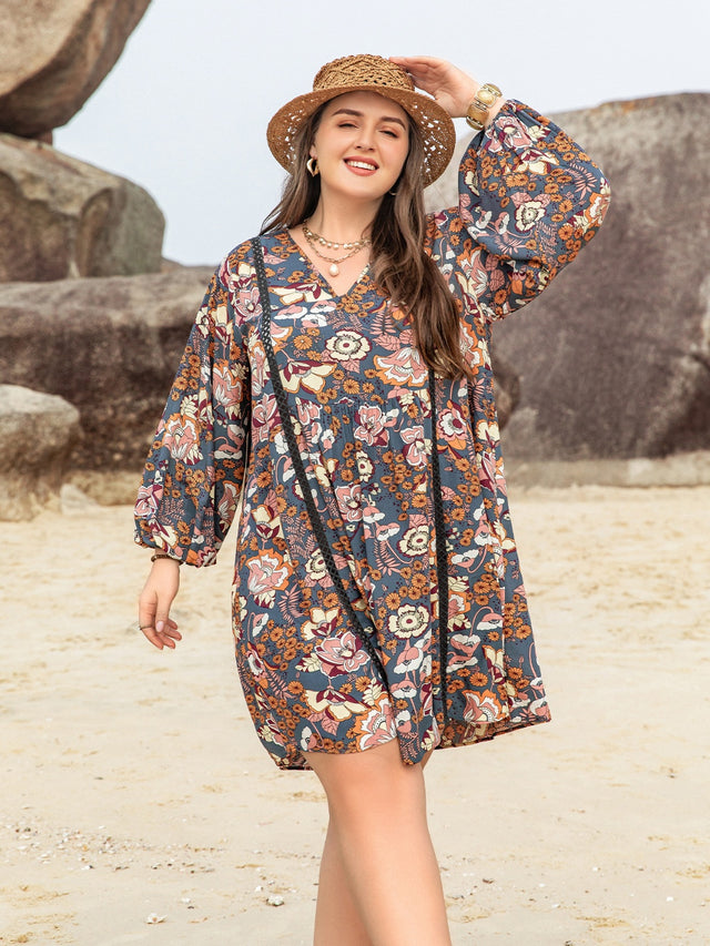 Plus Size Printed V-Neck Balloon Sleeve Mini Dress.