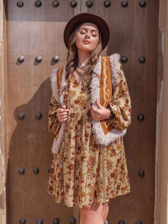 Plus Size Printed V-Neck Balloon Sleeve Mini Dress.