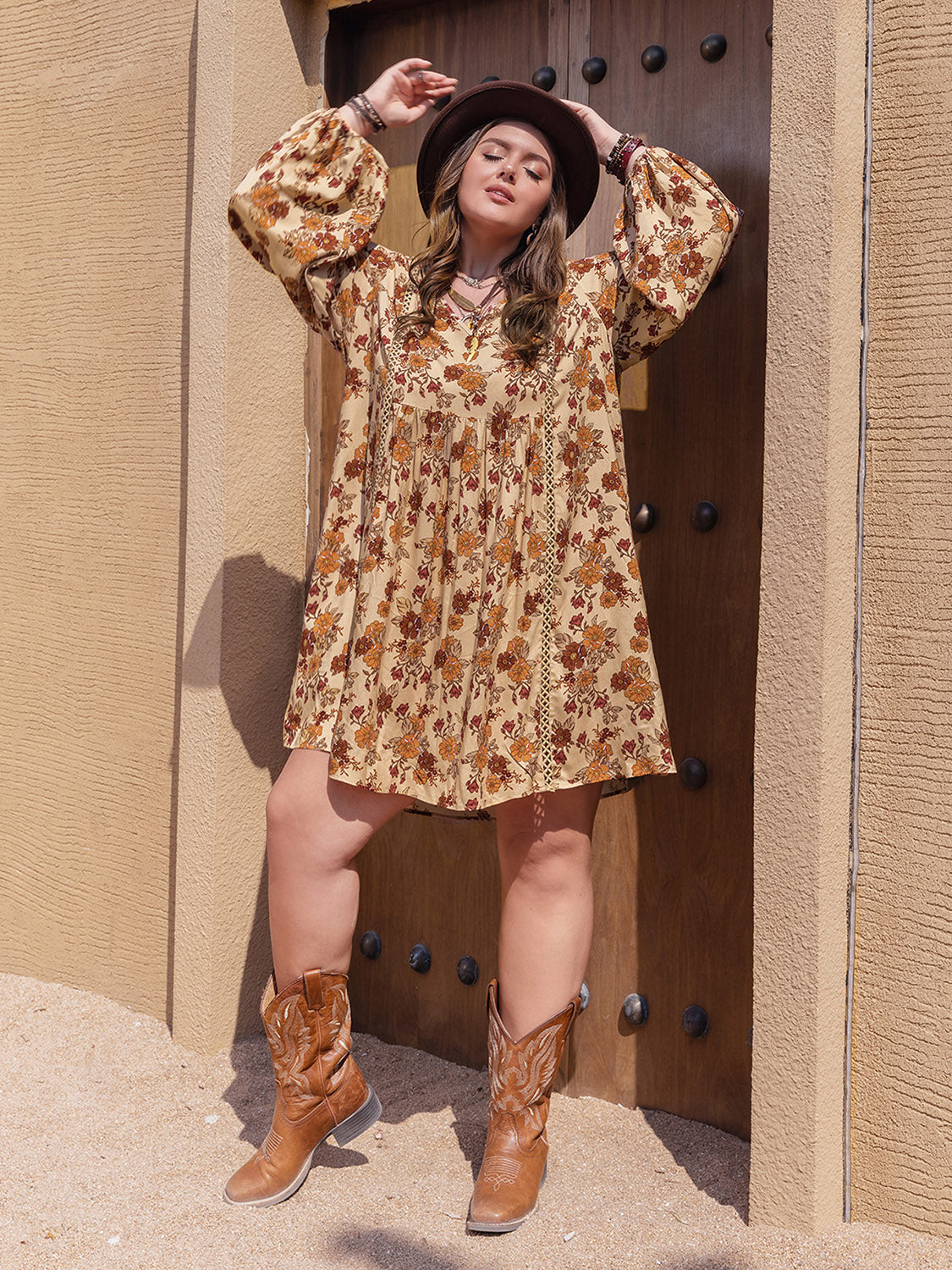 Plus Size Printed V-Neck Balloon Sleeve Mini Dress.