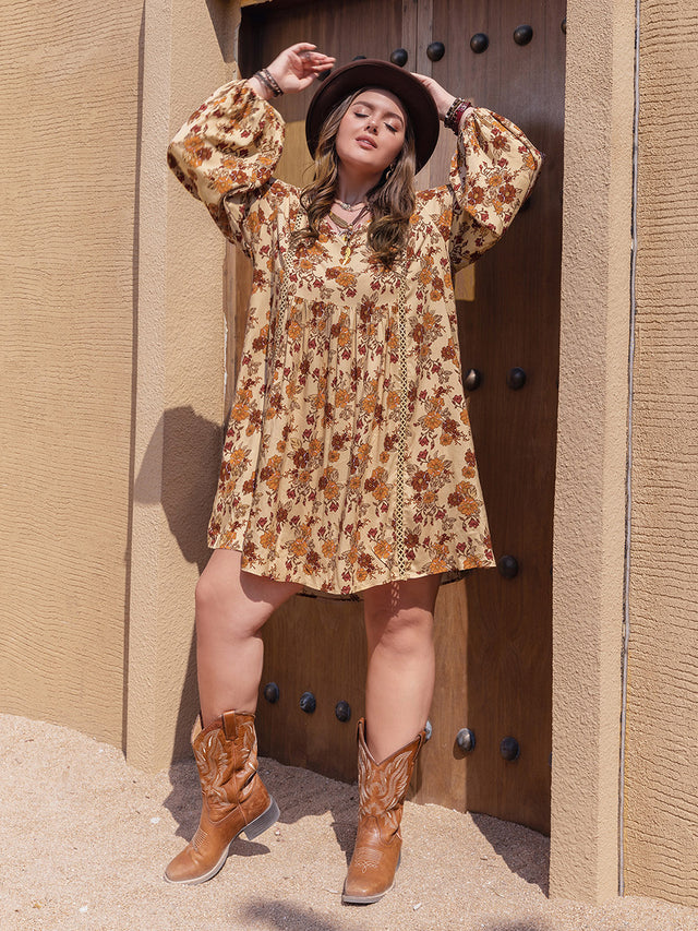 Plus Size Printed V-Neck Balloon Sleeve Mini Dress.