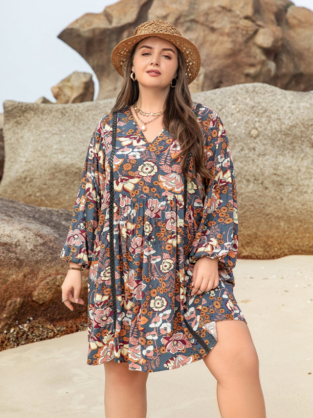Plus Size Printed V-Neck Balloon Sleeve Mini Dress.