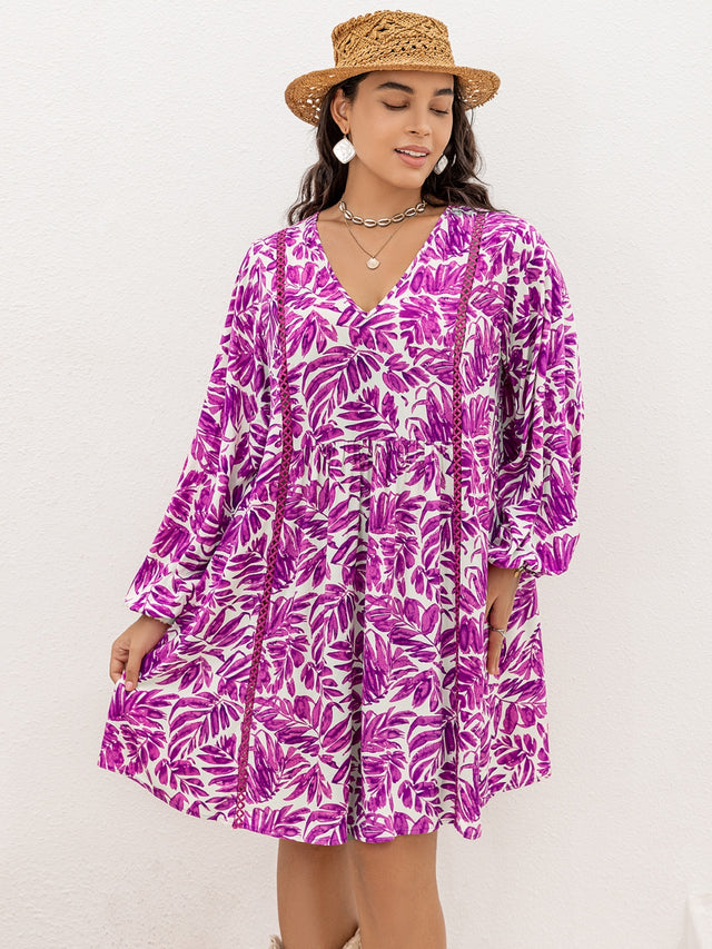 Plus Size Printed V-Neck Balloon Sleeve Mini Dress.