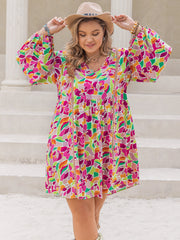 Plus Size Printed V-Neck Balloon Sleeve Mini Dress.