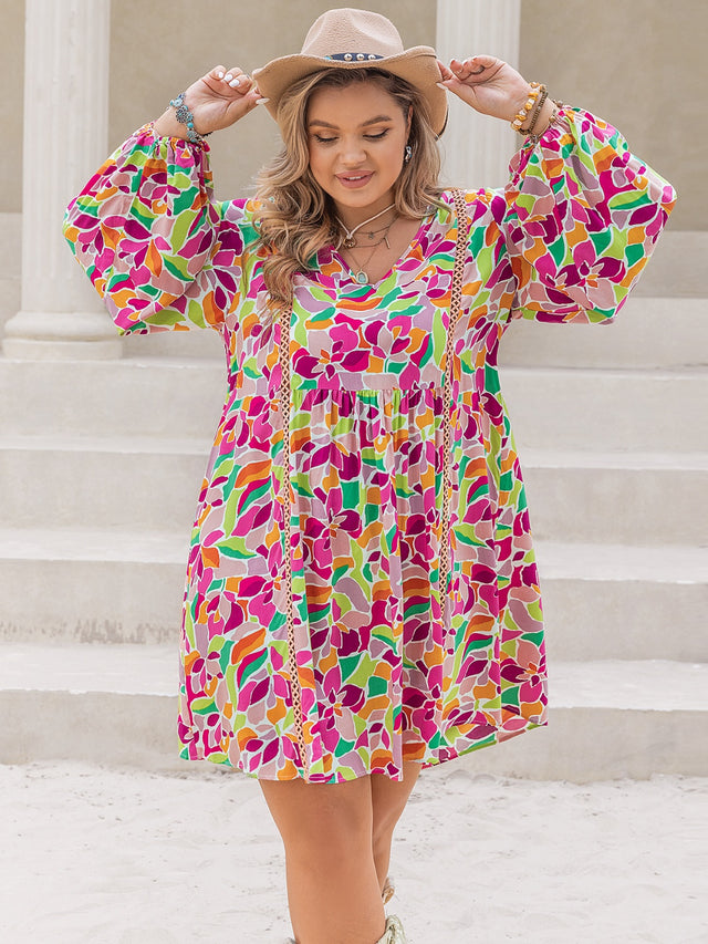 Plus Size Printed V-Neck Balloon Sleeve Mini Dress.
