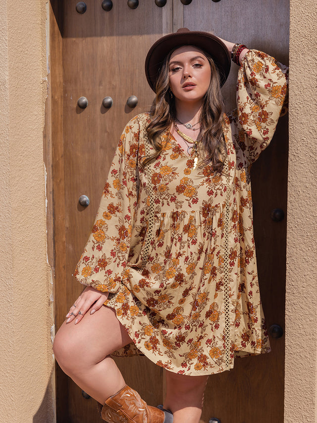 Plus Size Printed V-Neck Balloon Sleeve Mini Dress.