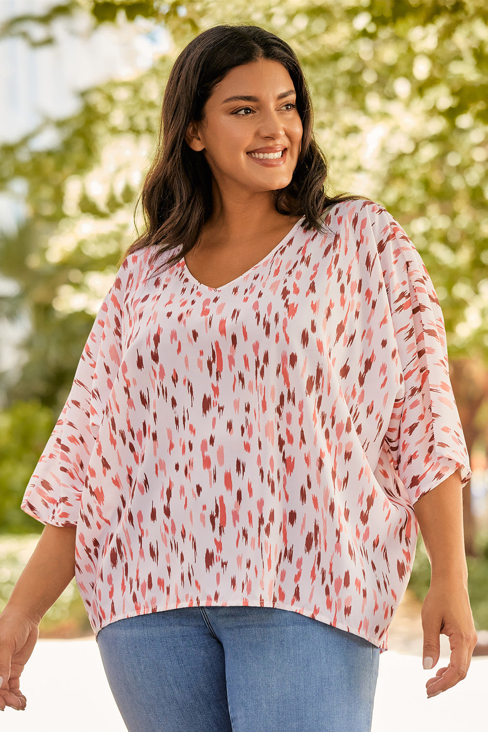 Plus Size Printed V-Neck Blouse.