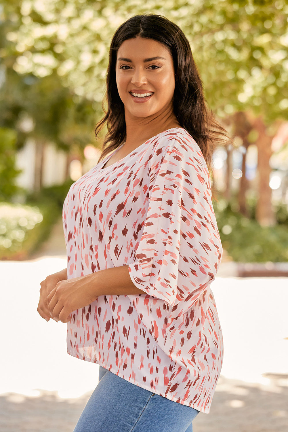 Plus Size Printed V-Neck Blouse.