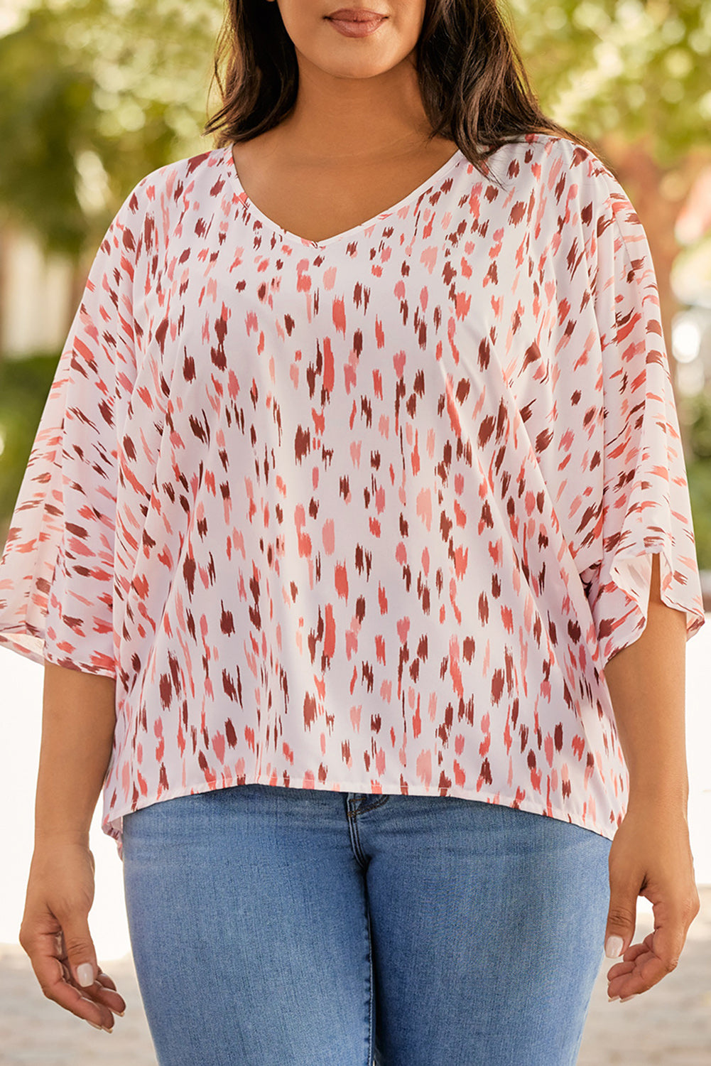 Plus Size Printed V-Neck Blouse.