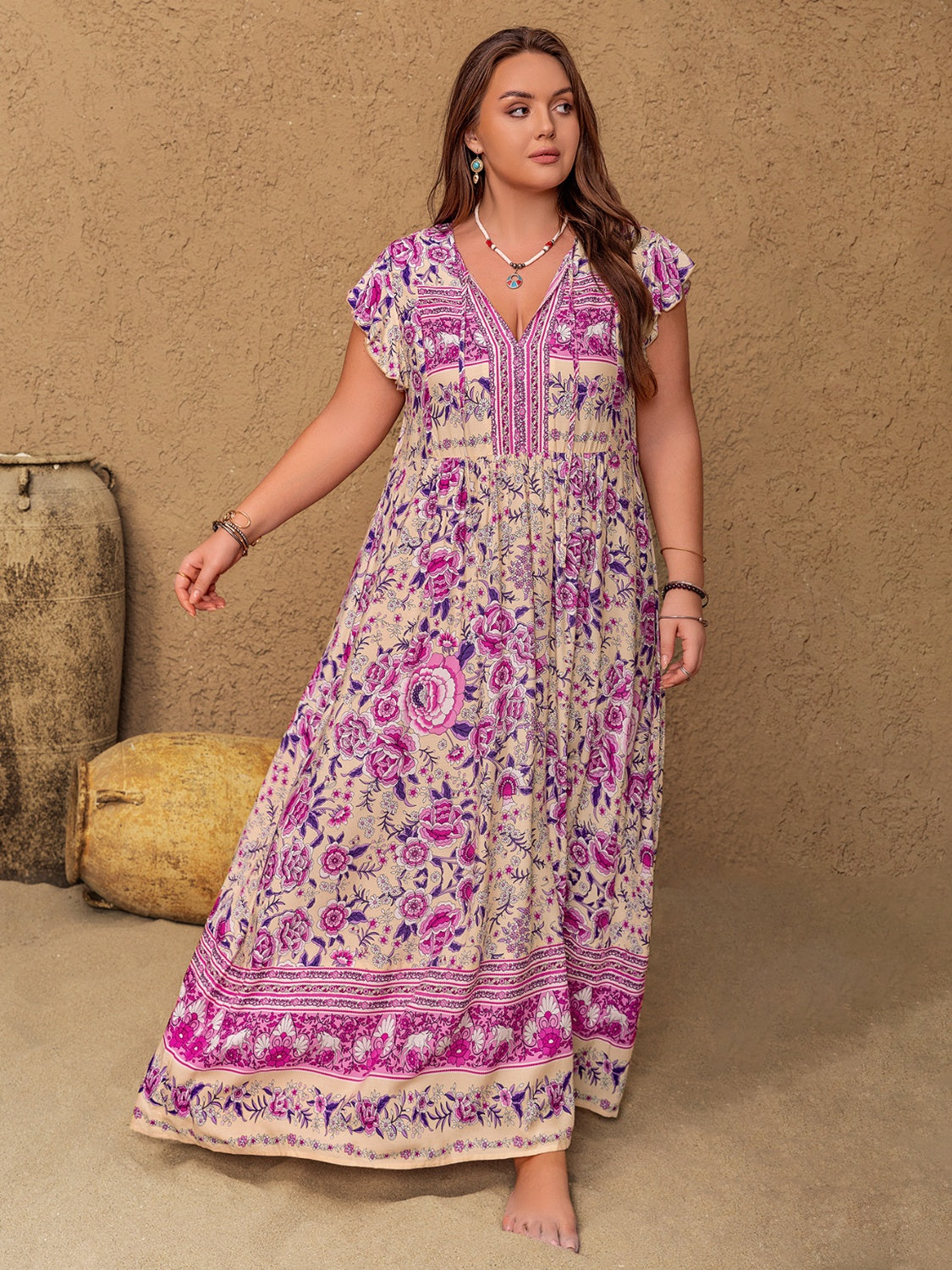 Plus Size Printed V-Neck Cap Sleeve Maxi Dress.