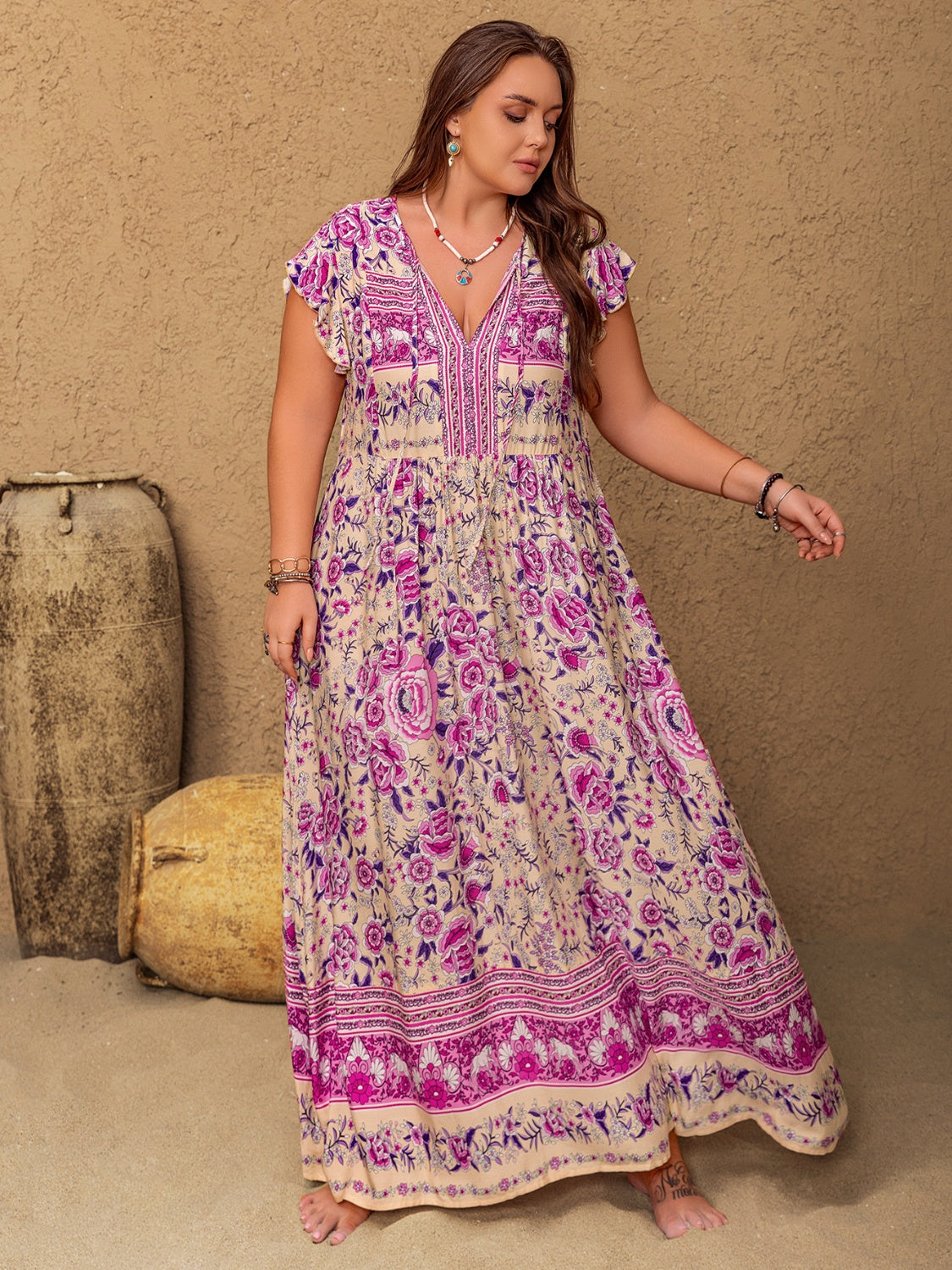 Plus Size Printed V-Neck Cap Sleeve Maxi Dress.