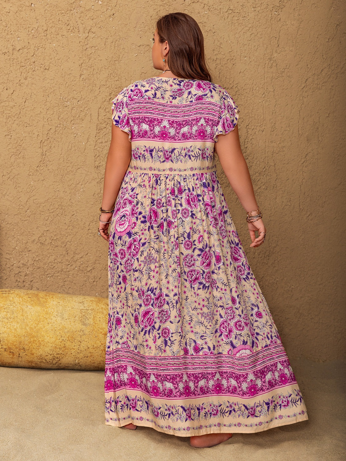 Plus Size Printed V-Neck Cap Sleeve Maxi Dress.