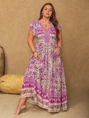 Plus Size Printed V-Neck Cap Sleeve Maxi Dress.